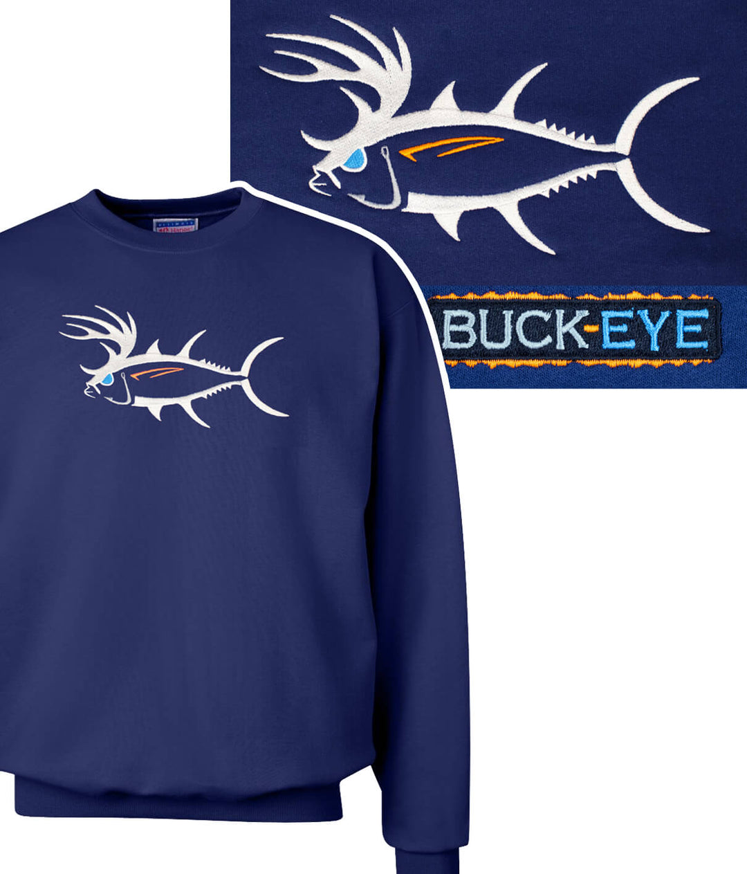 Navy crewneck sweatshirt featuring Buck-Eye design and logo, perfect for stylish unisex wear.