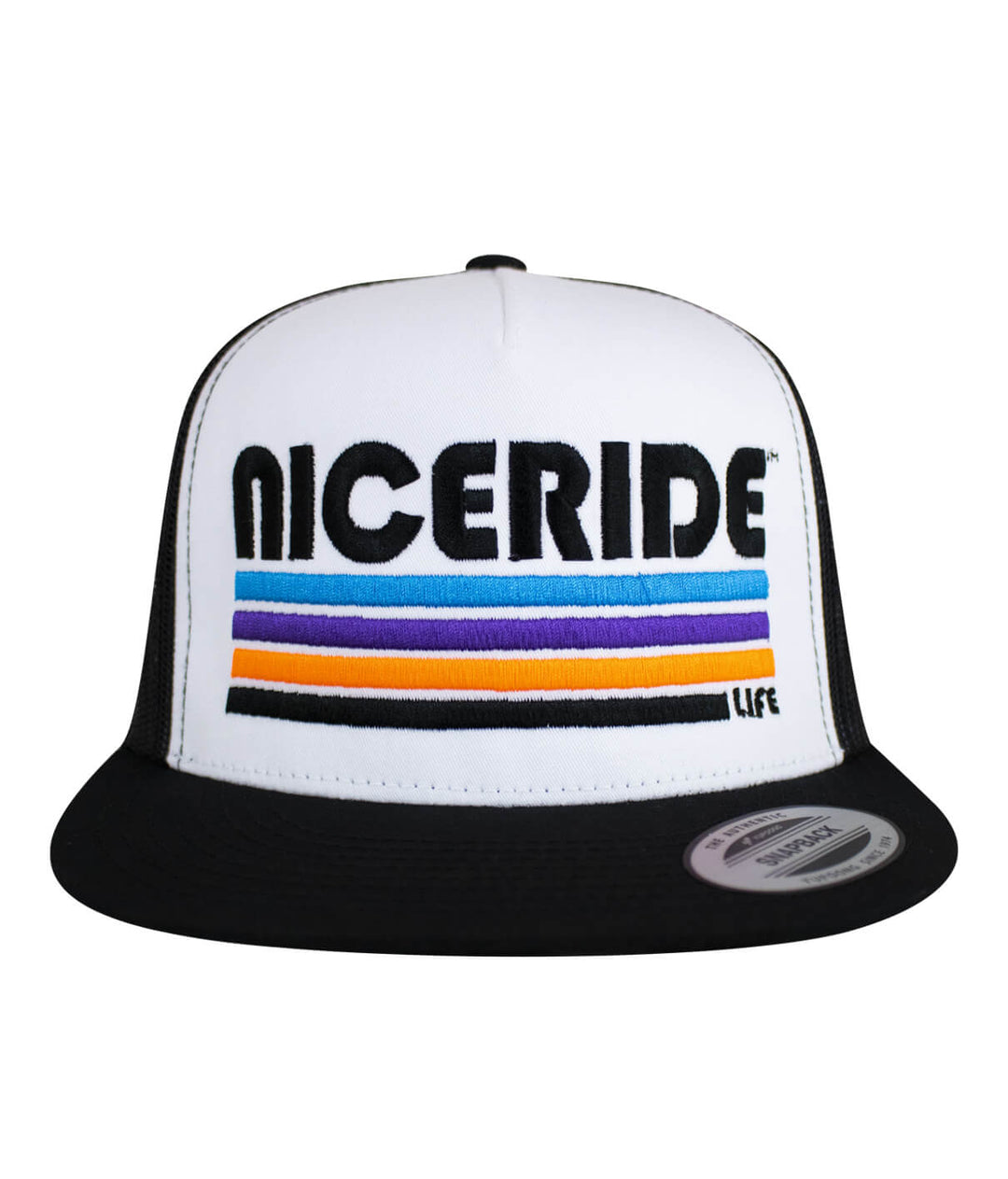 NICERIDE hat featuring embroidered logo with colorful stripes, adjustable unisex trucker cap.