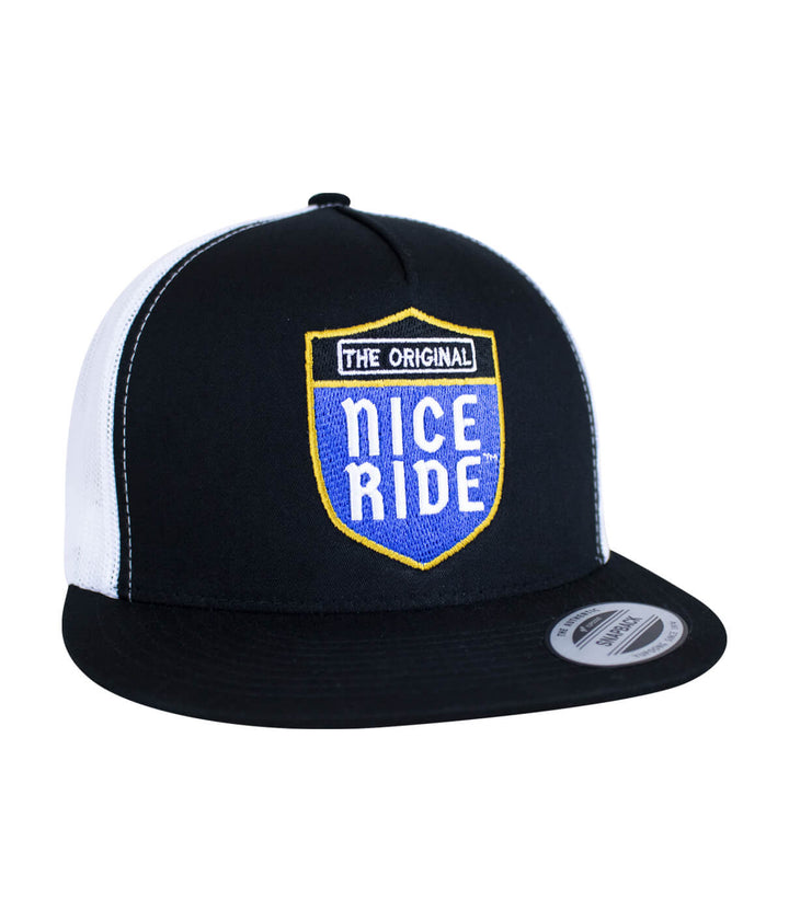 Majesty Trucker Hat featuring NICERIDE embroidery on front and classic palm logo, perfect hat for casual wear.