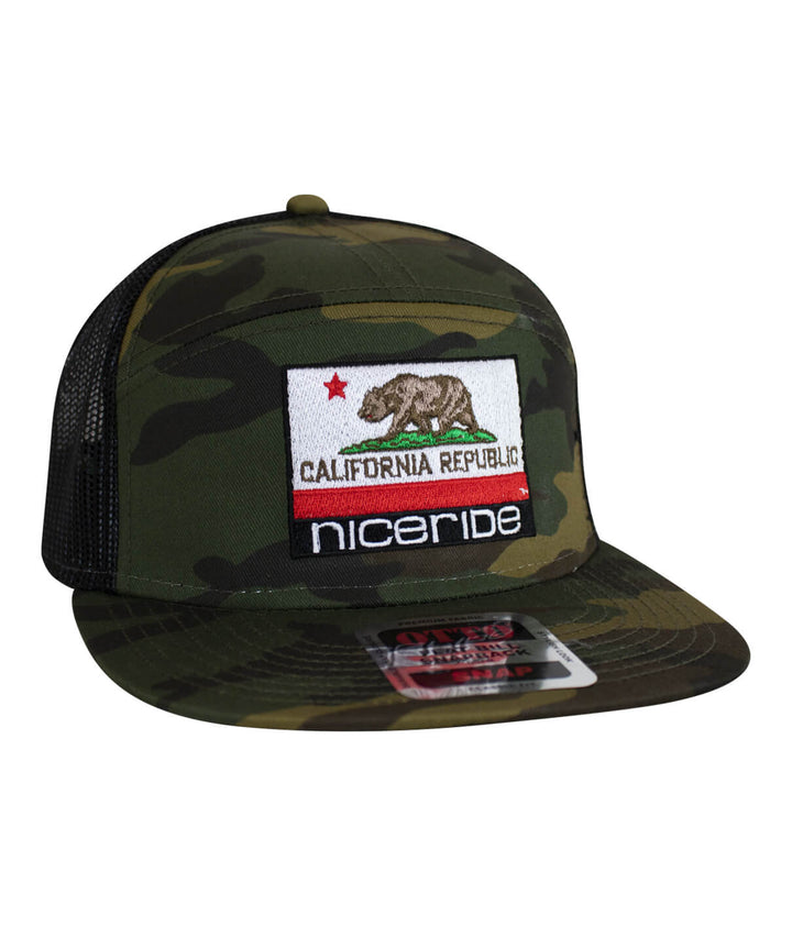 Embroidered California Flag design on OTTO unisex 7 panel trucker hat with camo pattern by NICERIDE.