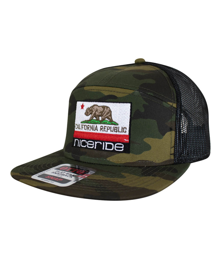 California Republic camo trucker hat with mesh back, featuring embroidered bear and NICERIDE logo.