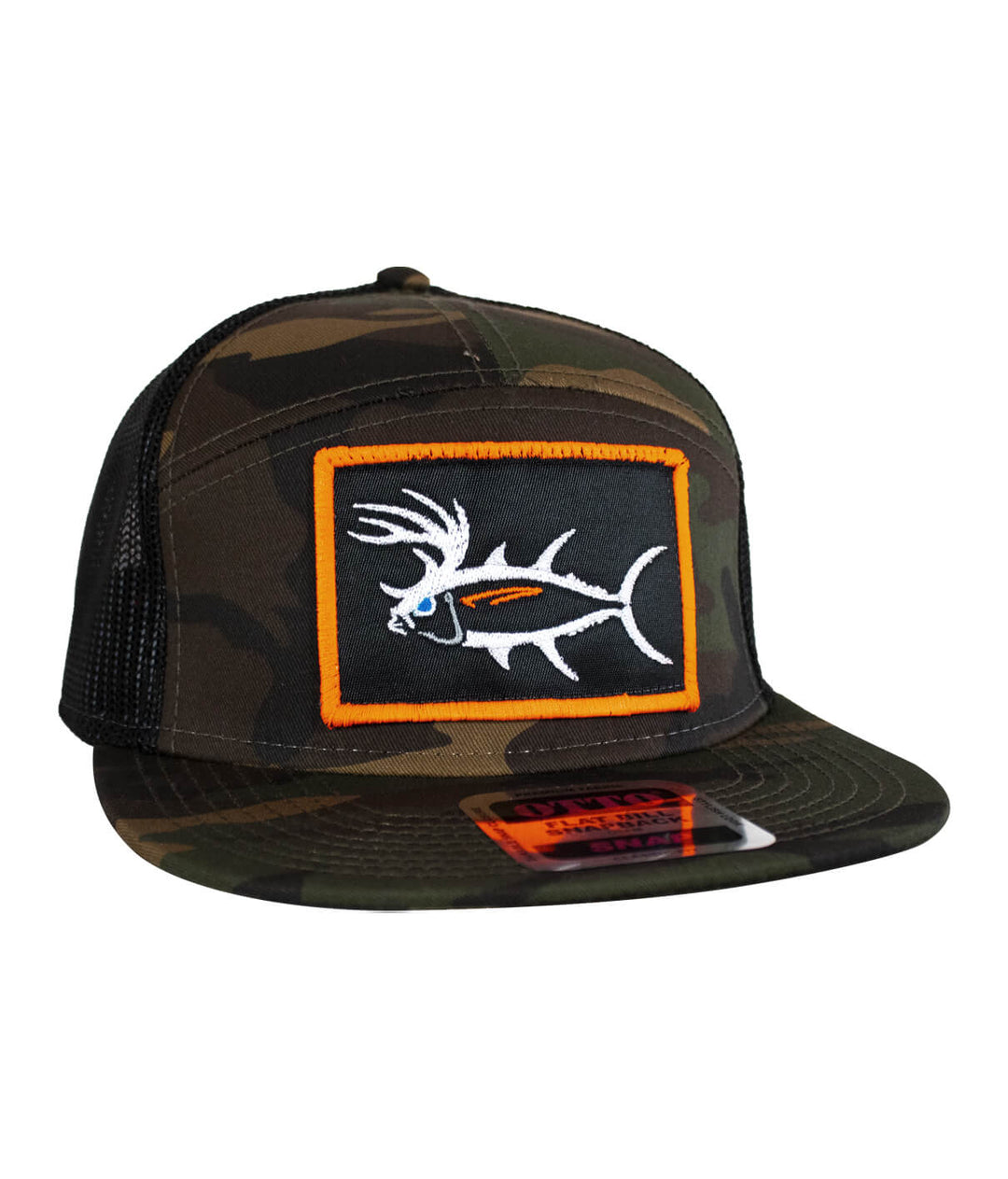 Buck-Eye Patch OTTO unisex 7-panel trucker hat with camo design and embroidered fish logo.