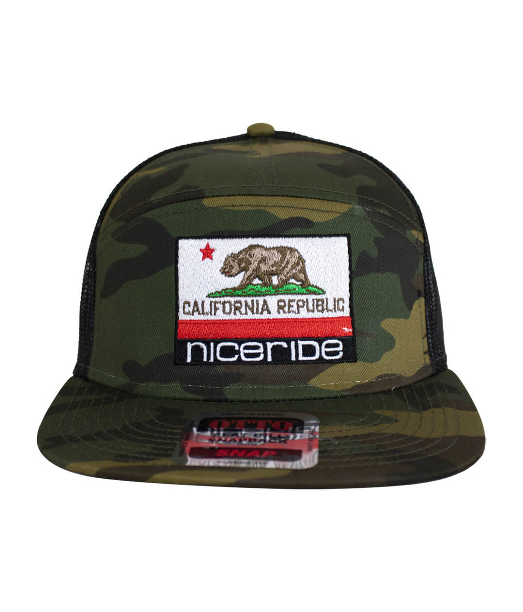 California Flag OTTO Unisex 7 Panel Trucker Hat with camo design and embroidered California Republic patch.