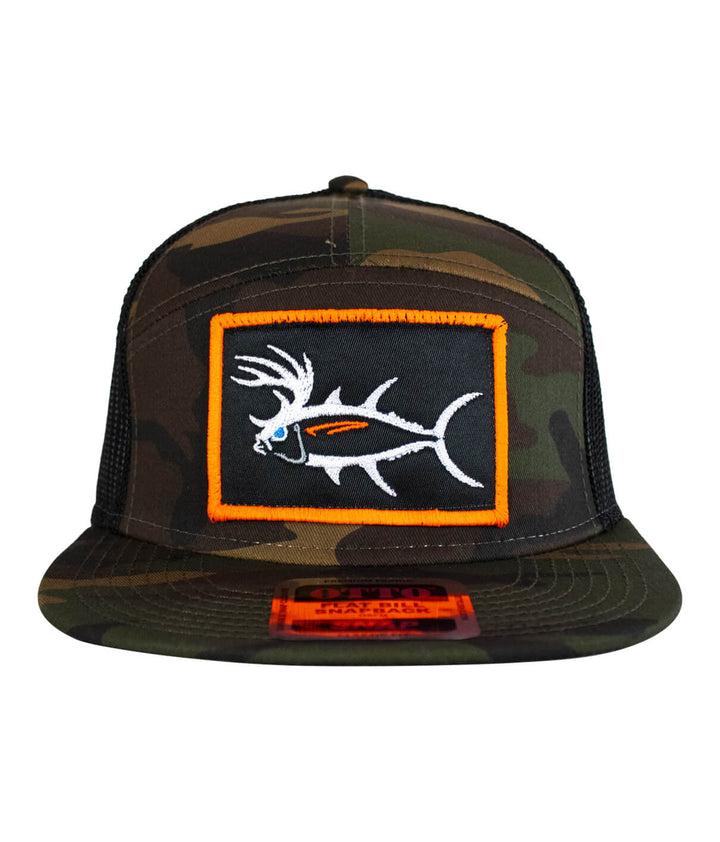 Buck-Eye Patch unisex 7 panel trucker hat in camouflage with embroidered fish design.