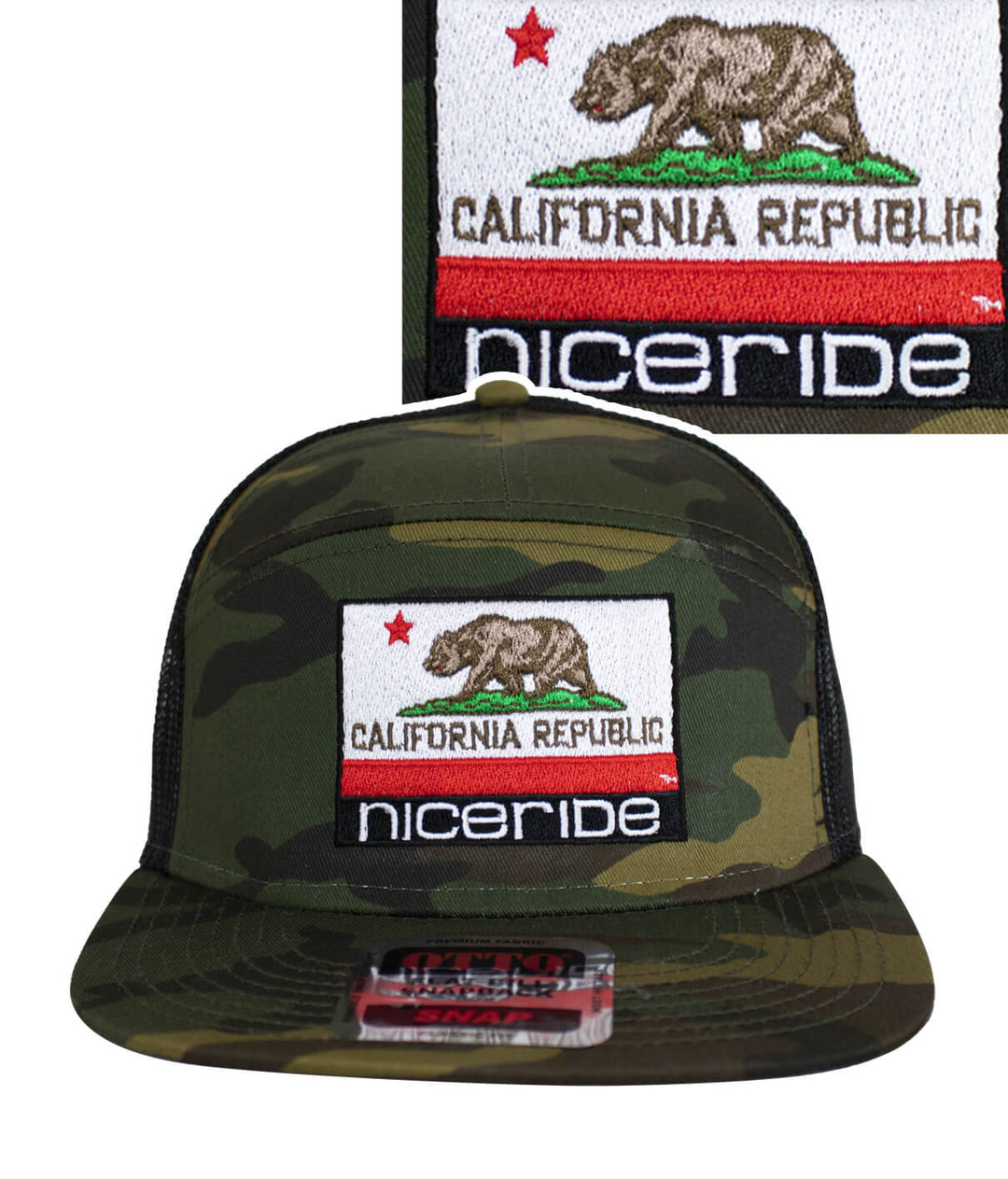 California Flag embroidered trucker hat in camo color by NICERIDE, featuring the California Republic bear design.