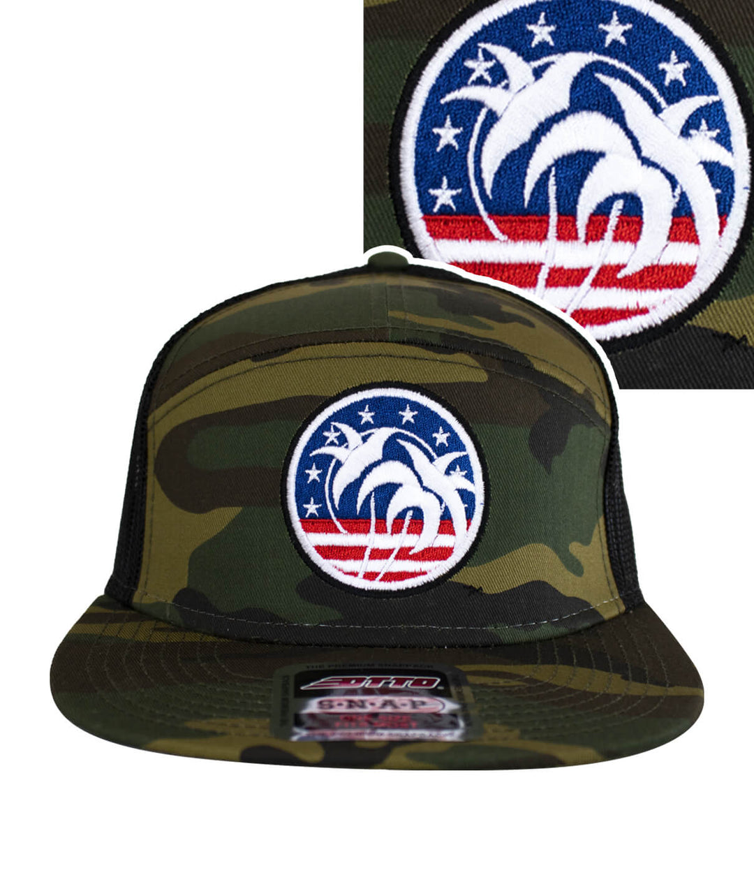 Spirit of 76 OTTO Unisex 7 Panel Trucker Hat in camo with embroidered palm tree and patriotic design.