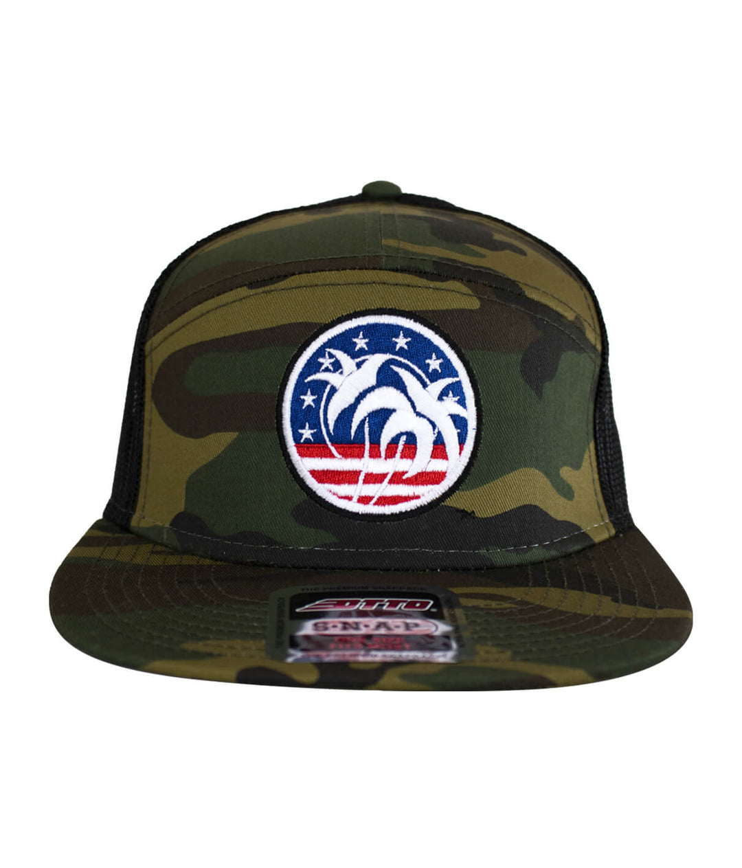 Camo trucker hat featuring an embroidered palm tree and stars design, perfect for unisex wear.