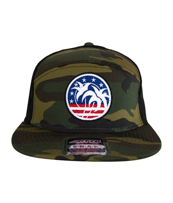 Camo trucker hat featuring an embroidered palm tree and stars design, perfect for unisex wear.