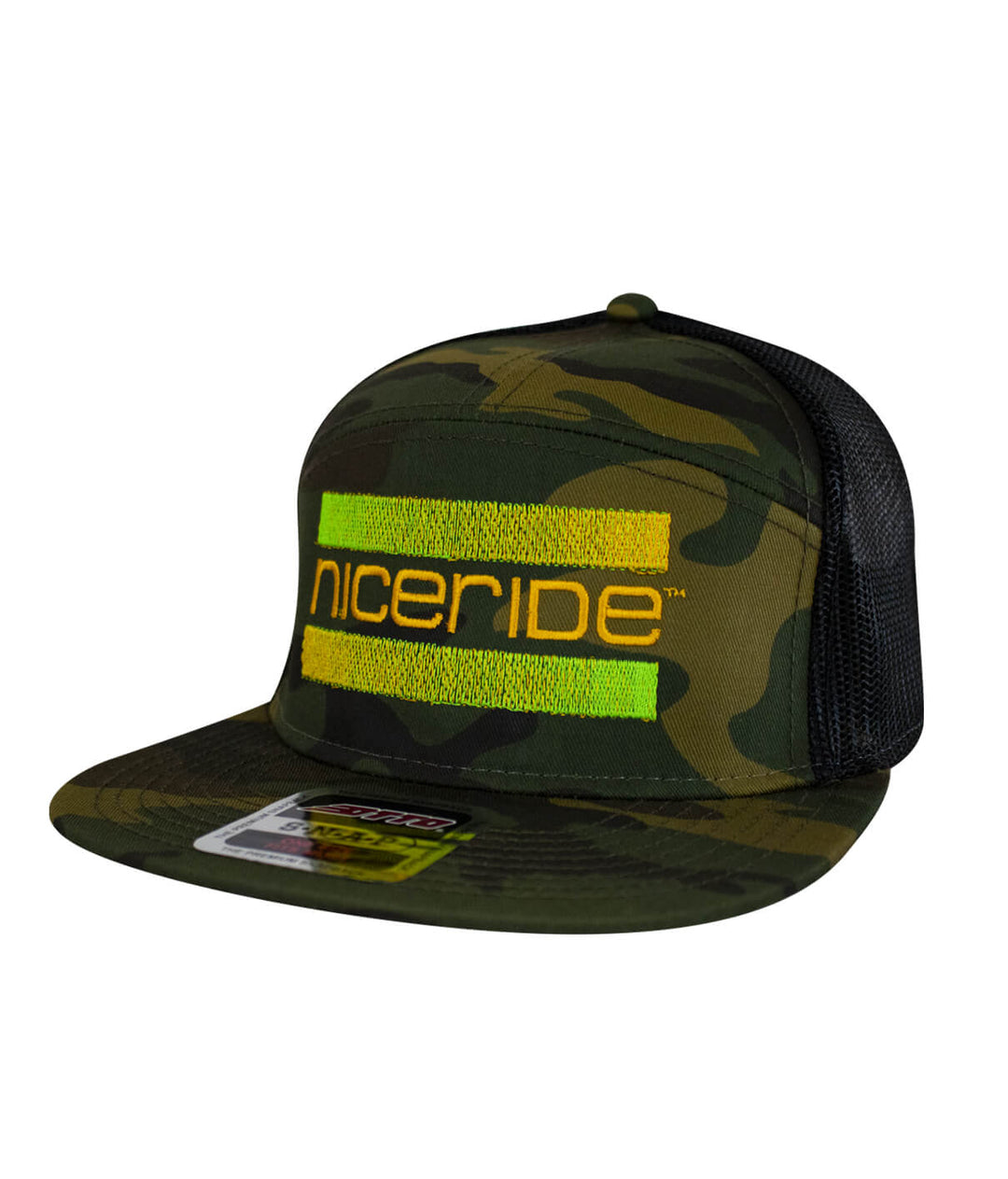 Camo trucker hat with NICERIDE logo in yellow and green stripes, perfect for unisex streetwear style.