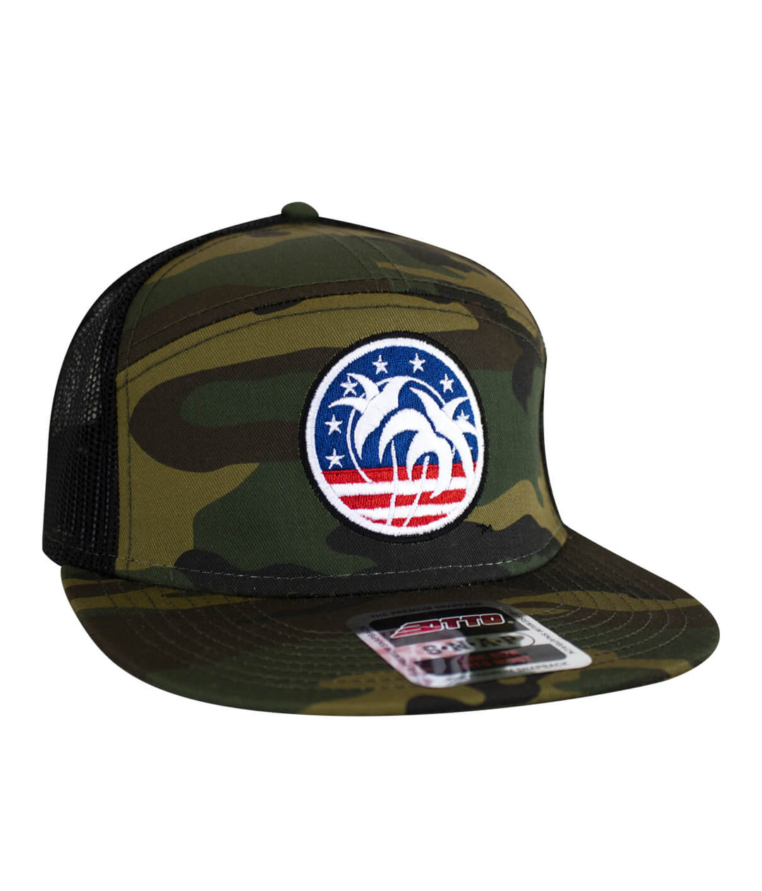 Camo trucker hat featuring embroidered palm trees and stars, perfect unisex accessory for outdoor activities.