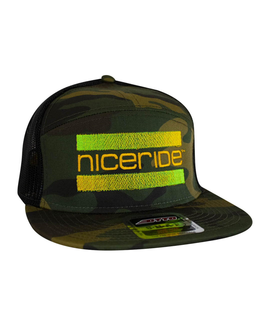 Camo trucker hat featuring NICERIDE logo in vibrant yellow and green, perfect for casual wear.
