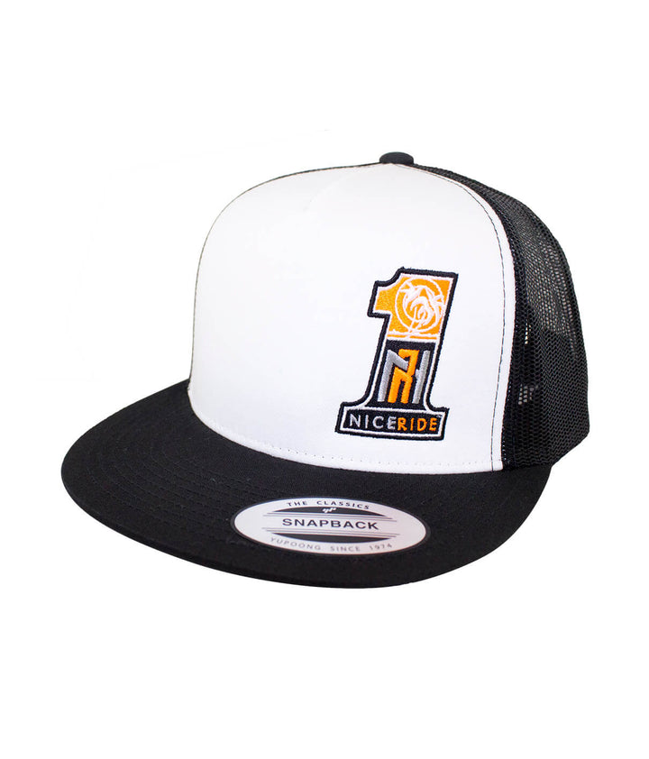 N-R 1 trucker hat with NICERIDE logo embroidered on front, black mesh back design, classic snapback style.