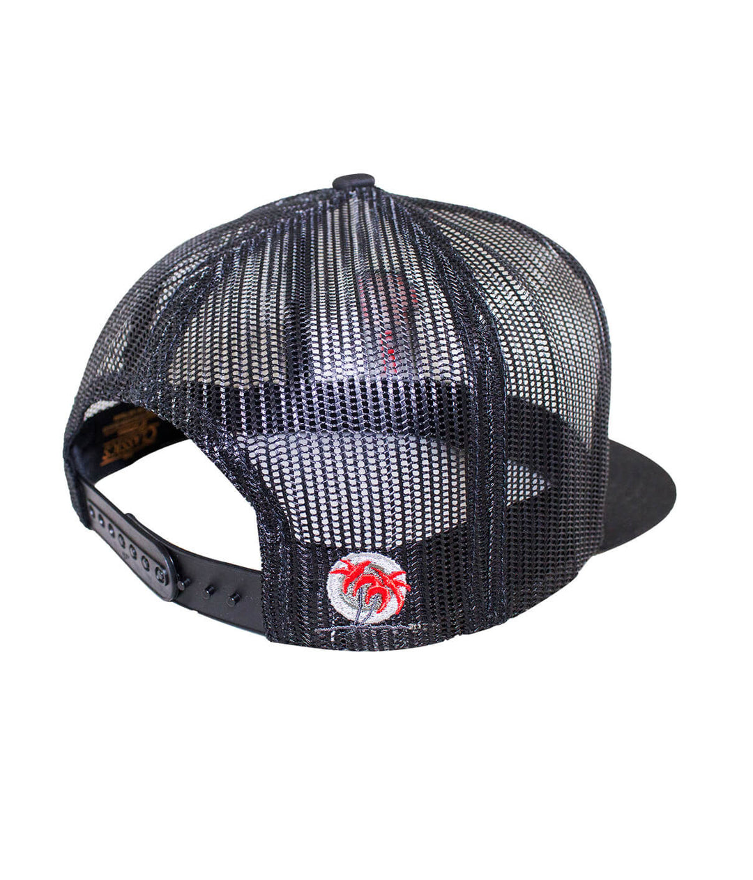 Back view of N-R 1 Trucker Hat with palm logo, a stylish and breathable hat for outdoor activities.