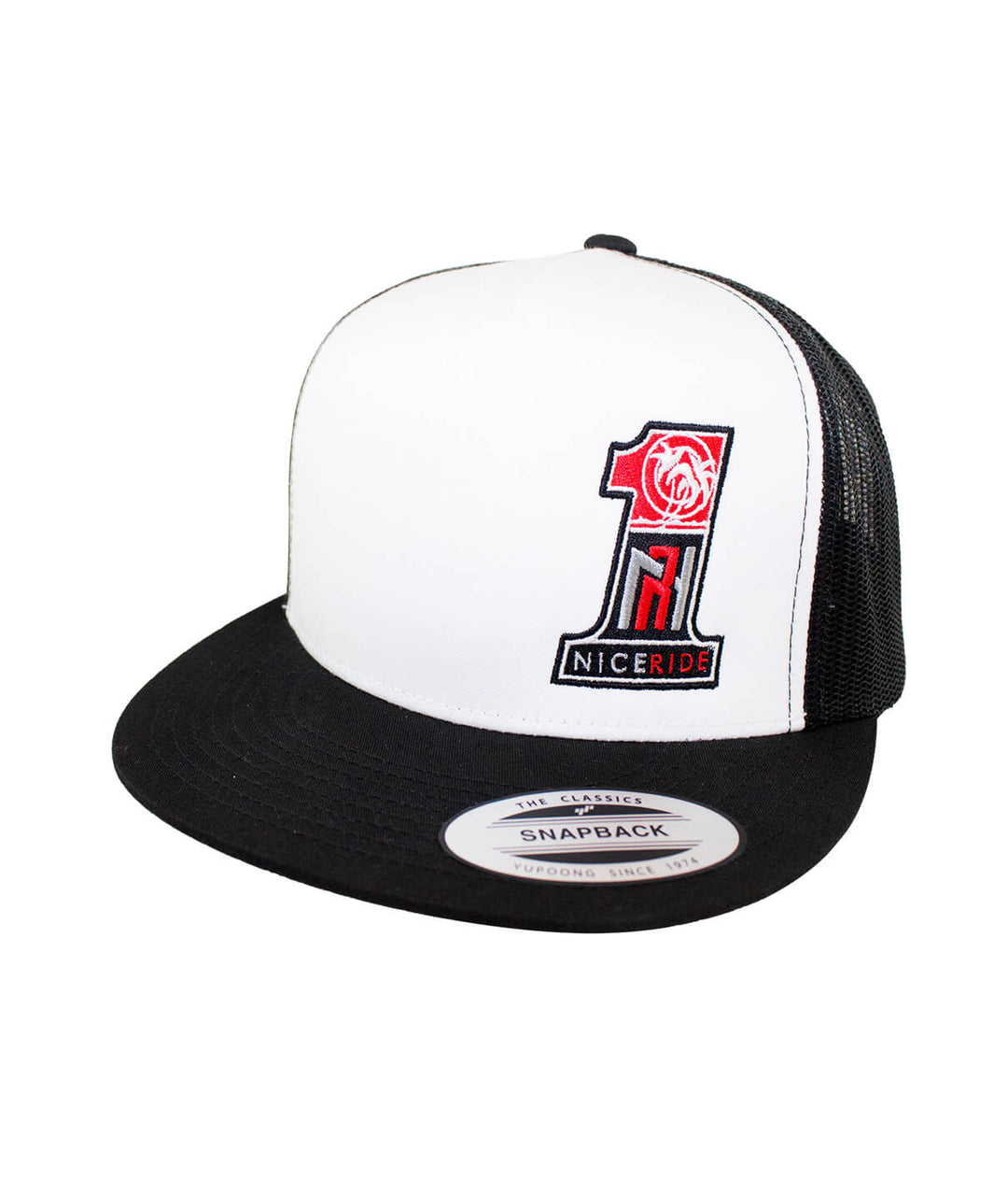 N-R 1 Trucker Hat showcasing NICERIDE logo, black and white snapback style cap, perfect for any hat enthusiast.