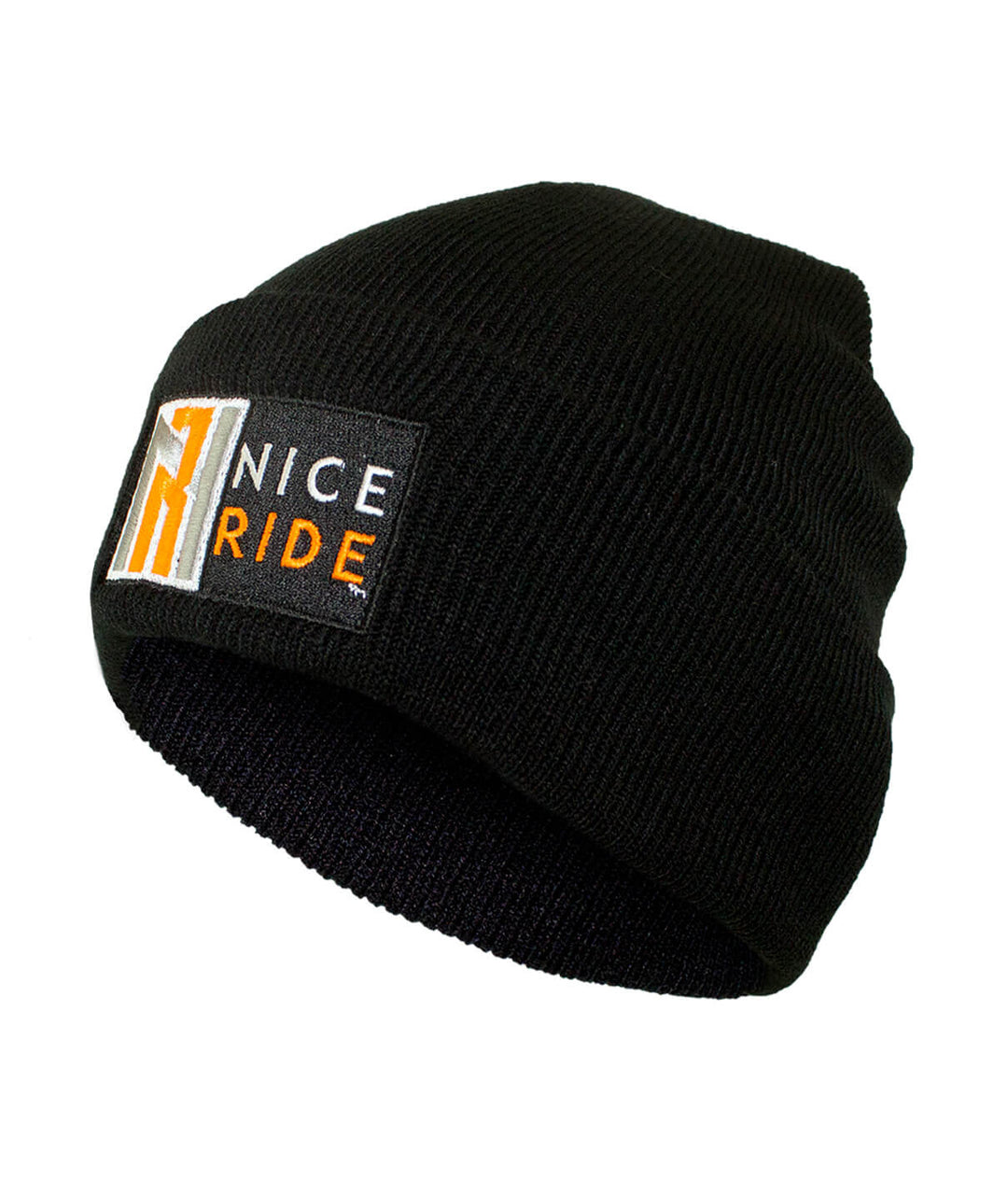 Black cuffed beanie with NICERIDE logo, perfect for winter fashion. High-quality knit beanie.
