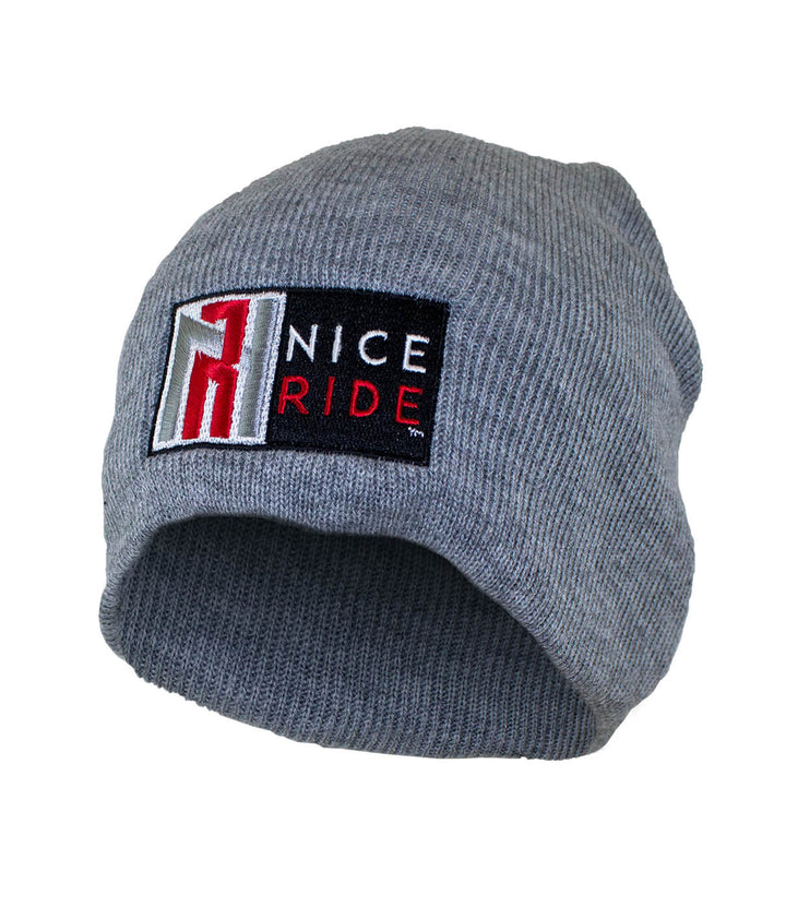 N-R Red beanie with NICERIDE logo embroidered on gray knit fabric, perfect for cold weather.