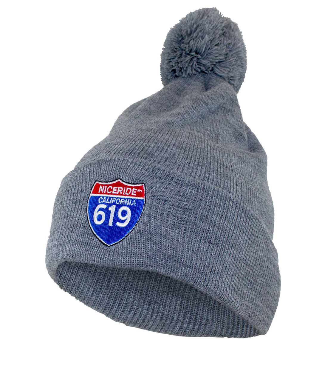 Gray interstate 619 puff beanie featuring NICERIDE logo embroidered on the front with a pom-pom on top.