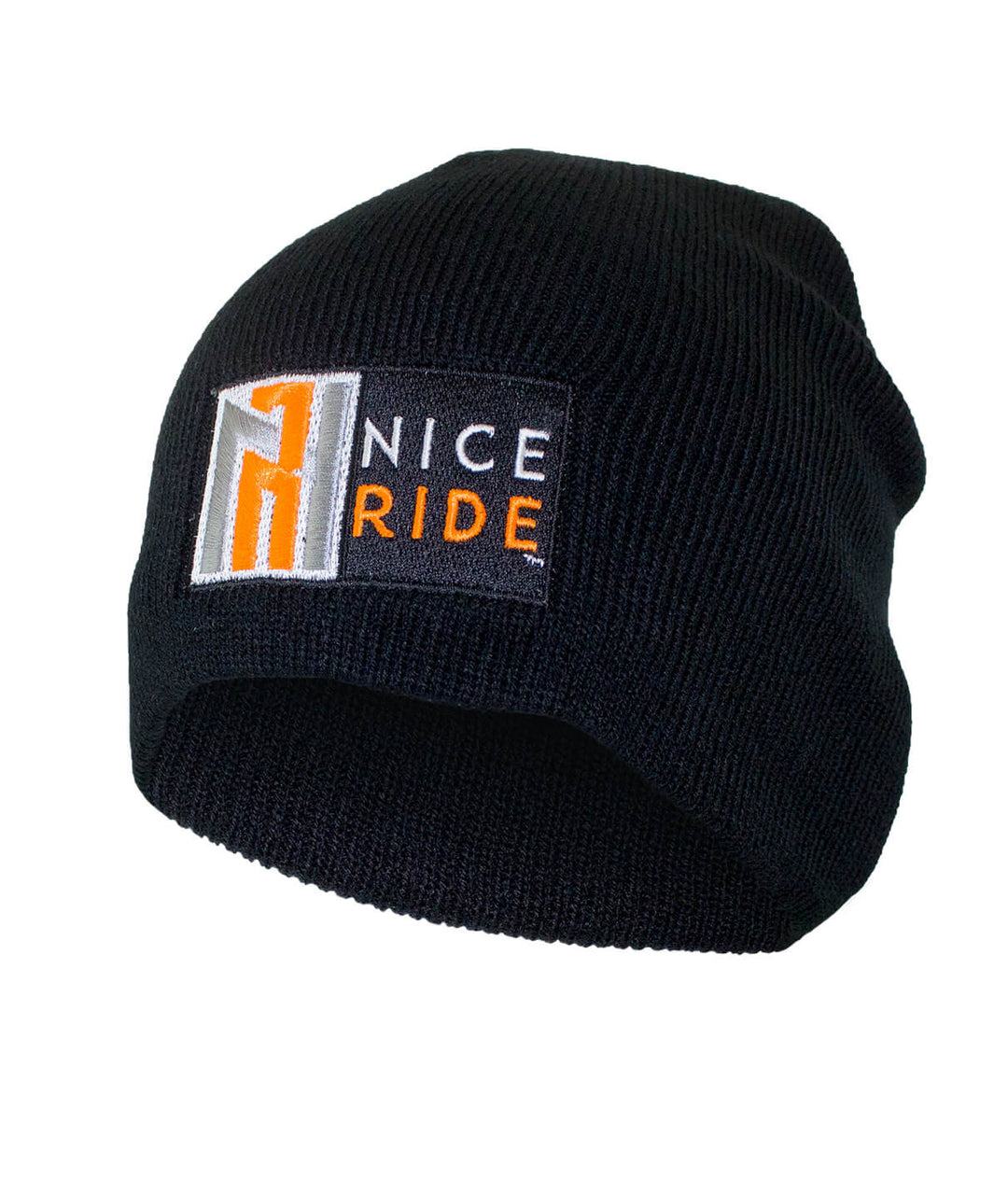 Black beanie with NICERIDE logo embroidered in orange, 100% acrylic knit, perfect for stylish warmth.