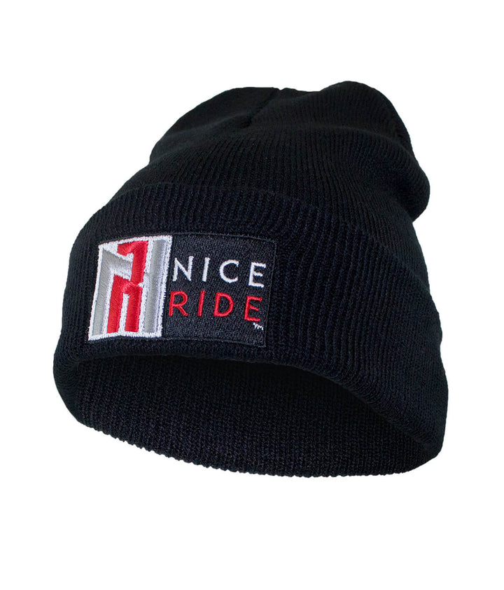 N-R Red cuff beanie featuring NICERIDE logo, 100% acrylic knit, perfect for warmth and style.