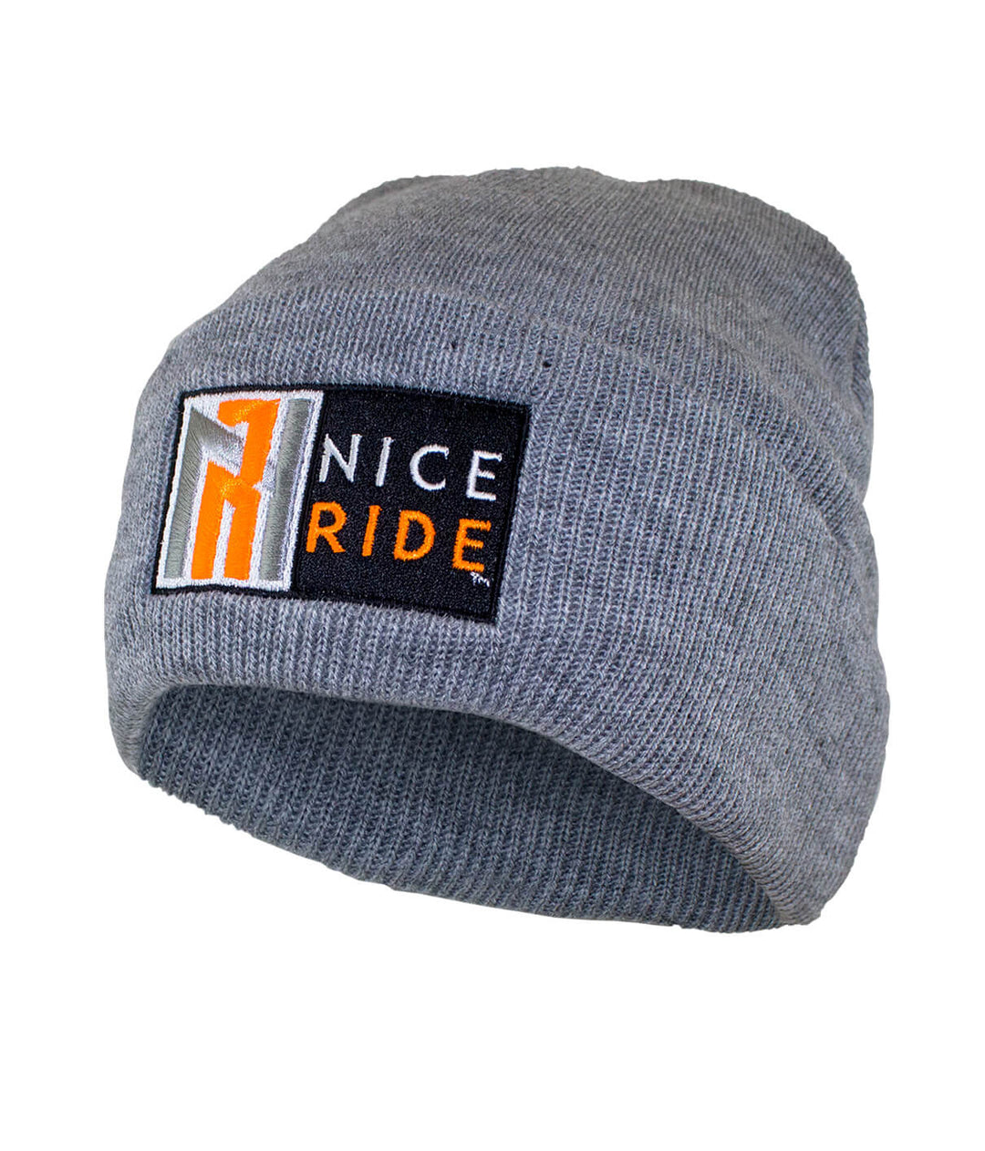 N-R Neon Orange cuffed beanie with NICERIDE logo, 12" acrylic knit, perfect for style and warmth.