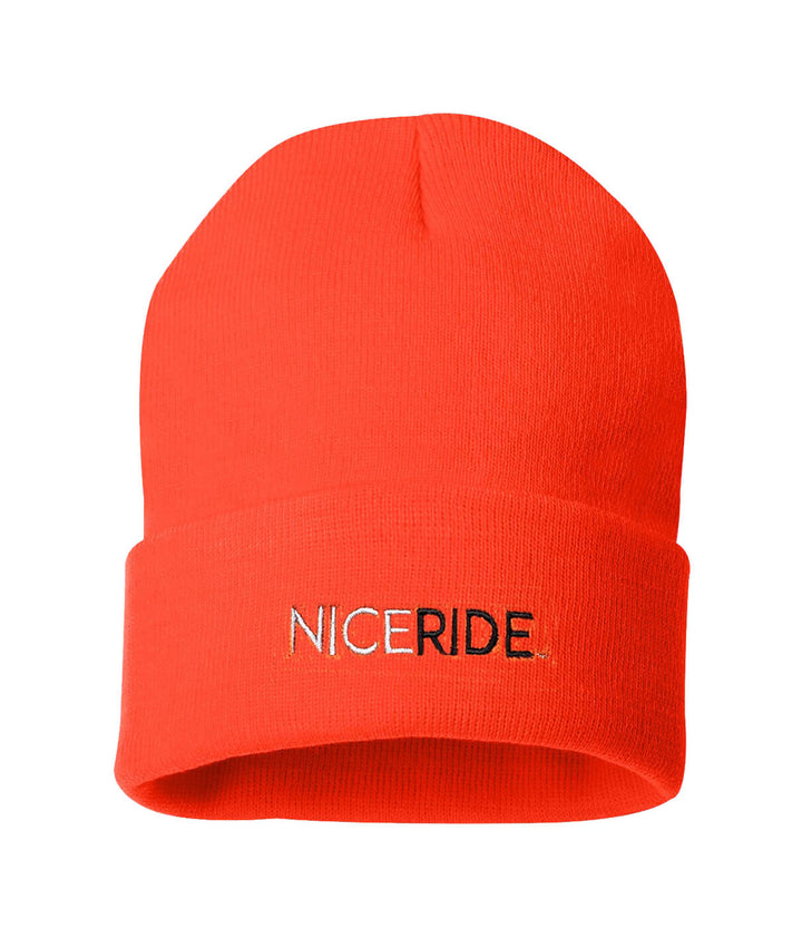 NICERIDE cuff beanie in bright orange color, soft knit design with embroidered logo, perfect winter accessory.