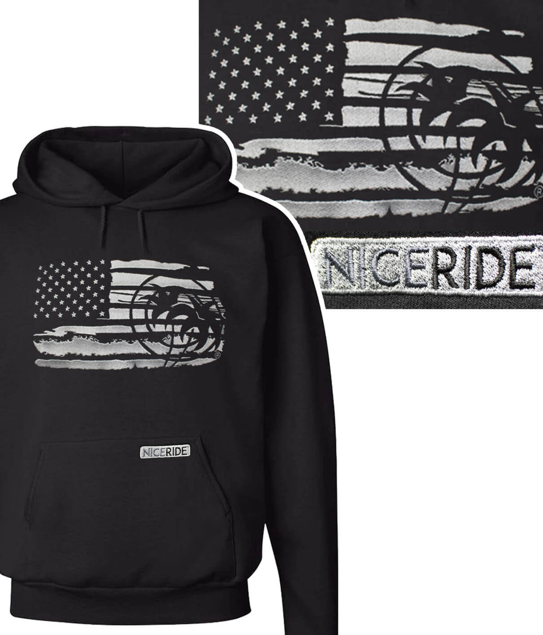 Strong Faded black hoodie featuring American flag design and NICERIDE logo.