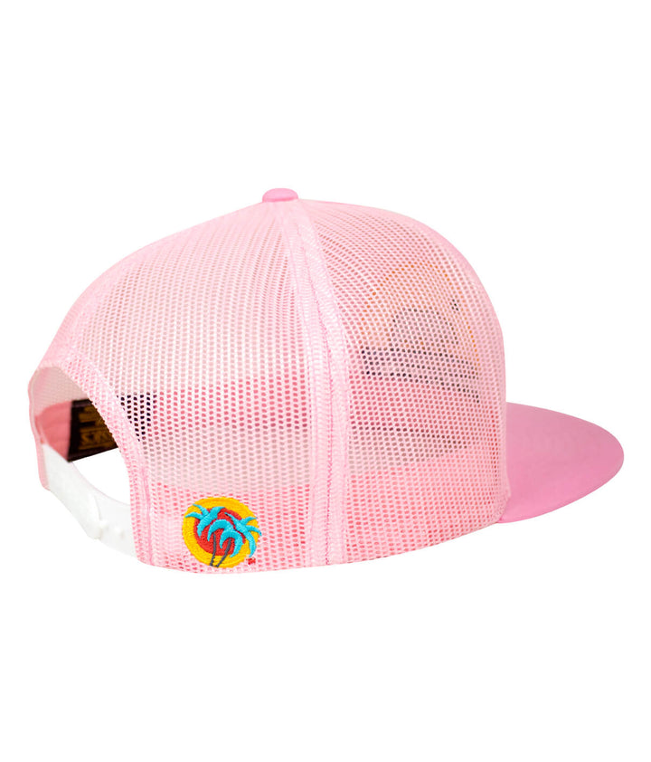 Back view of a pink trucker hat showcasing the mesh design and embroidered patch, perfect for stylish outdoor wear.