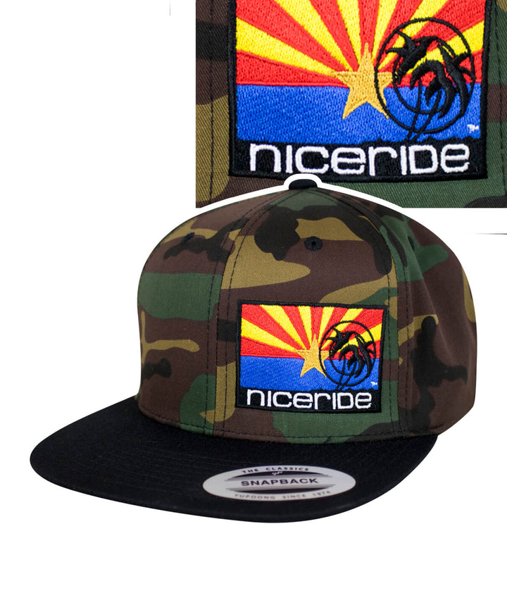 Arizona Flag Snapback hat with NICERIDE and palm logo, classic adjustable design in camo style.