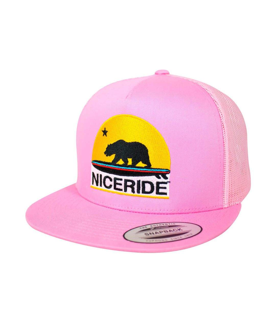 NICERIDE pink snapback trucker hat with bear logo and sunset design.