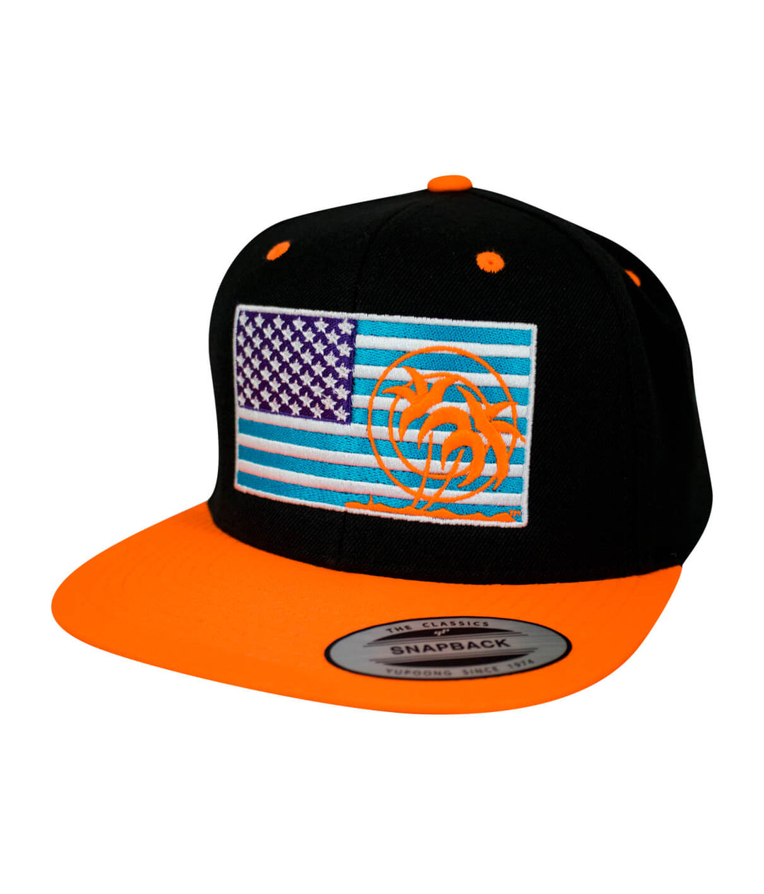 Pride Explorer hat featuring American flag and palm logo, adjustable snapback design in black and orange.