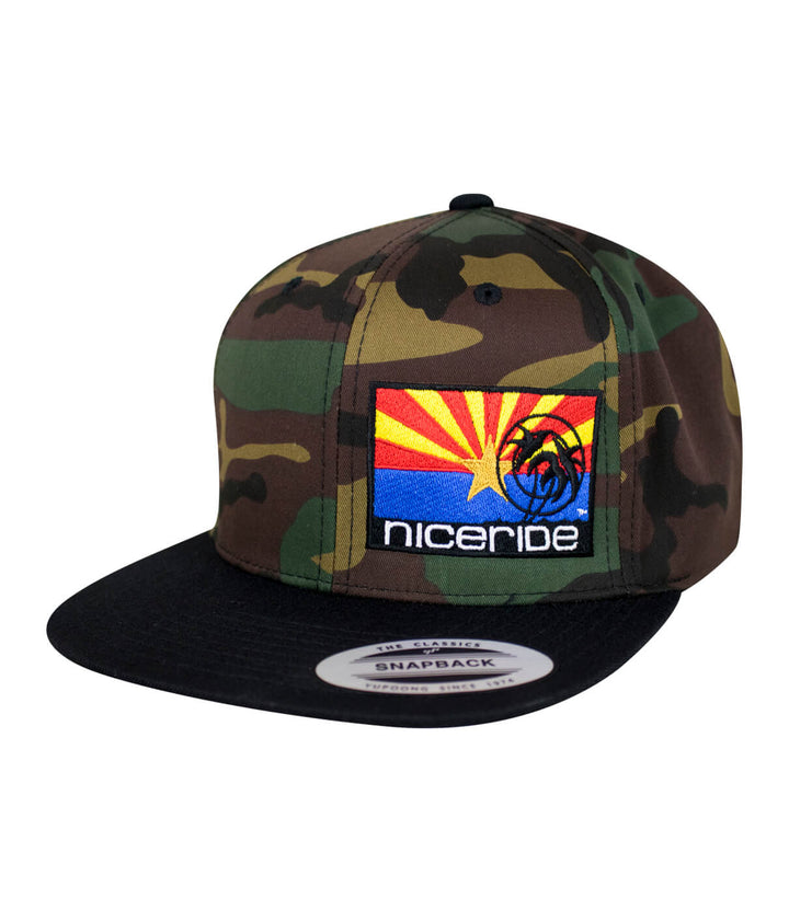 Arizona Flag Snapback hat with NICERIDE embroidery and camouflage design.