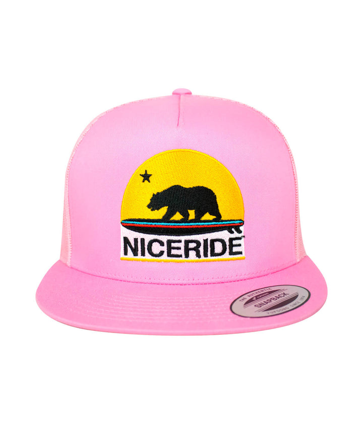 Pink trucker cap with NICERIDE logo and bear design, perfect for casual wear and outdoor adventures featuring the word &