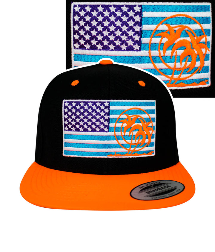 Pride Explorer unisex snapback hat featuring American flag and NICERIDE embroidered design on the front.