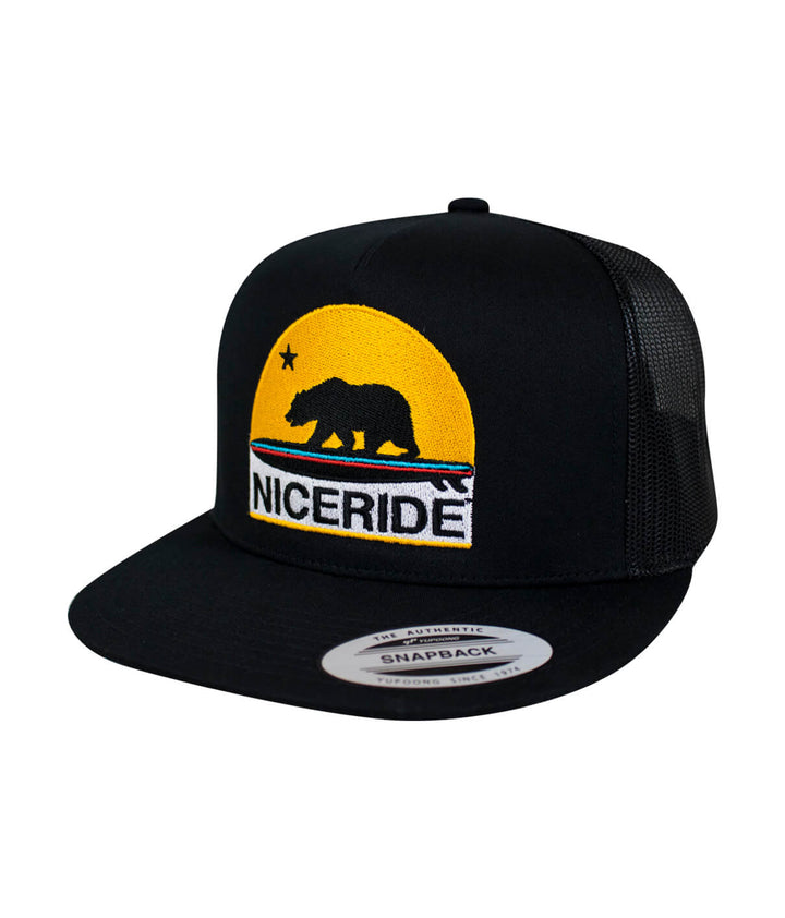 Golden Bear trucker cap showcasing the iconic NICERIDE design, a stylish and comfortable hat for outdoor adventures.