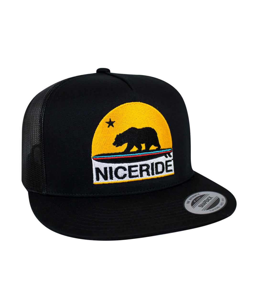 Golden Bear trucker cap featuring embroidered design on structured front panel, perfect hat for outdoor adventures.
