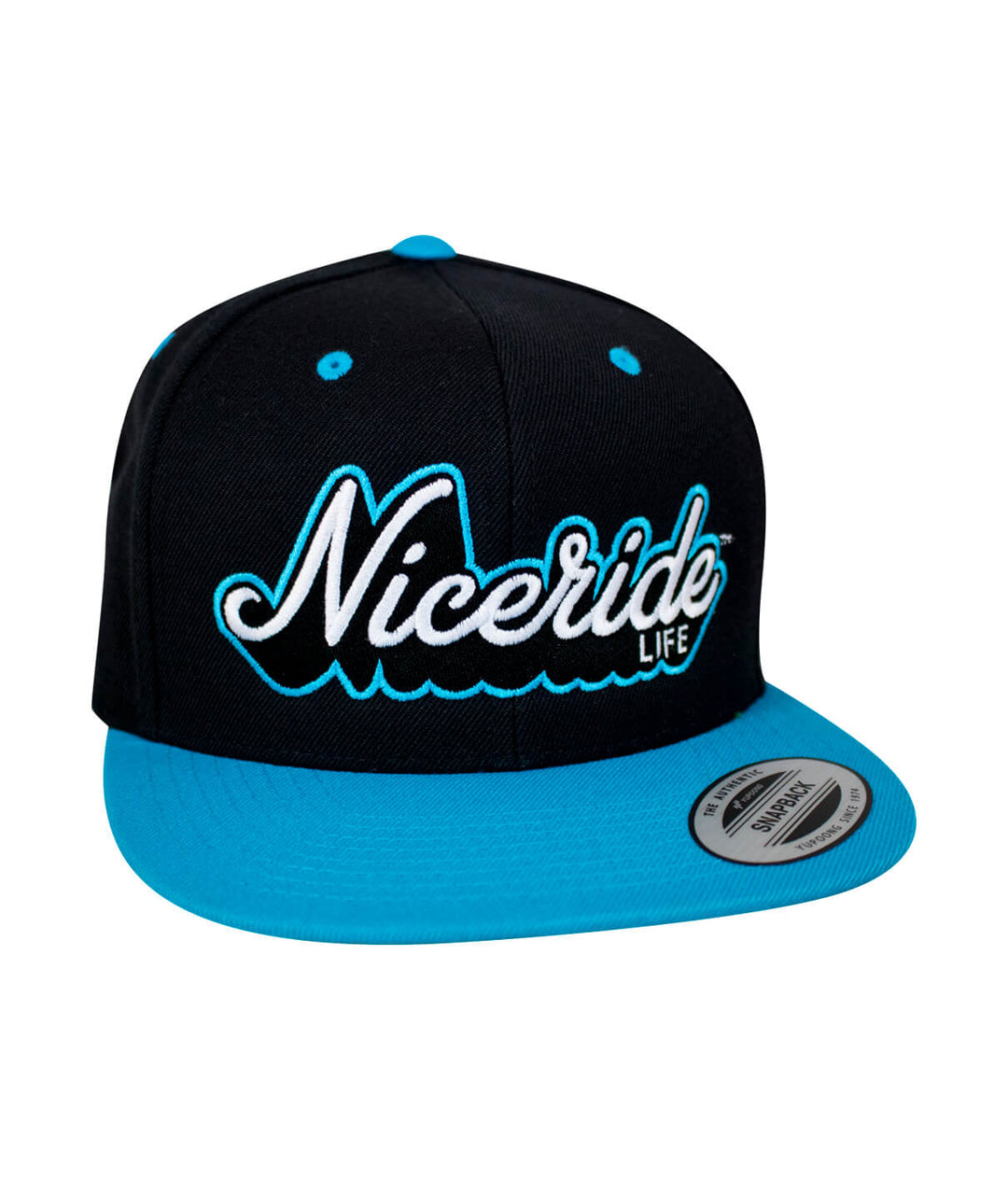 Half Pipe Flatbill Snapback Hat by NICERIDE, featuring bold embroidery and a classic black and blue design.