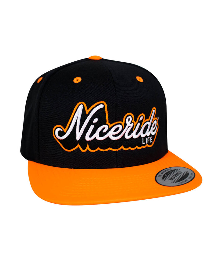 Half Pipe Flatbill Snapback Hat with NICERIDE logo, classic baseball hat in black and orange color.