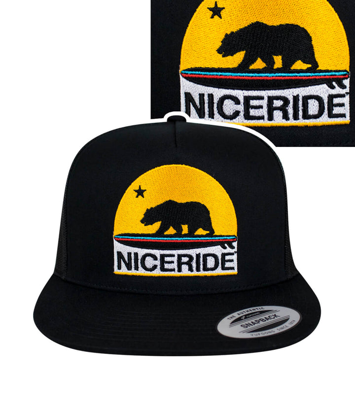 NICERIDE "Golden Bear" trucker hat with vibrant embroidered design and structured front panel.