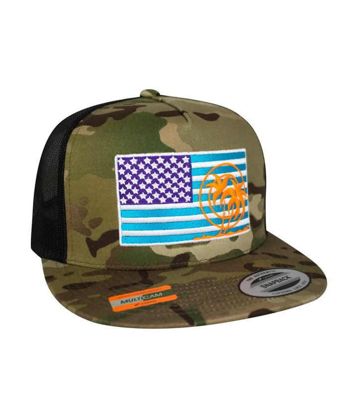 Pride Explorer hat featuring American flag design on front with camo background and black mesh sides.