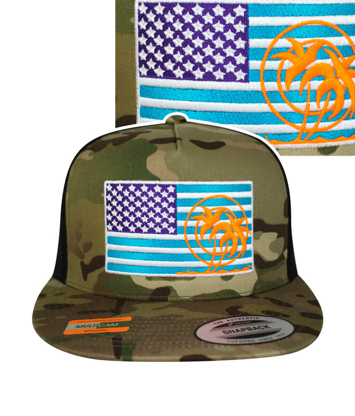 Pride Explorer hat with American flag and palm logo, camo trucker design, snapback cap.