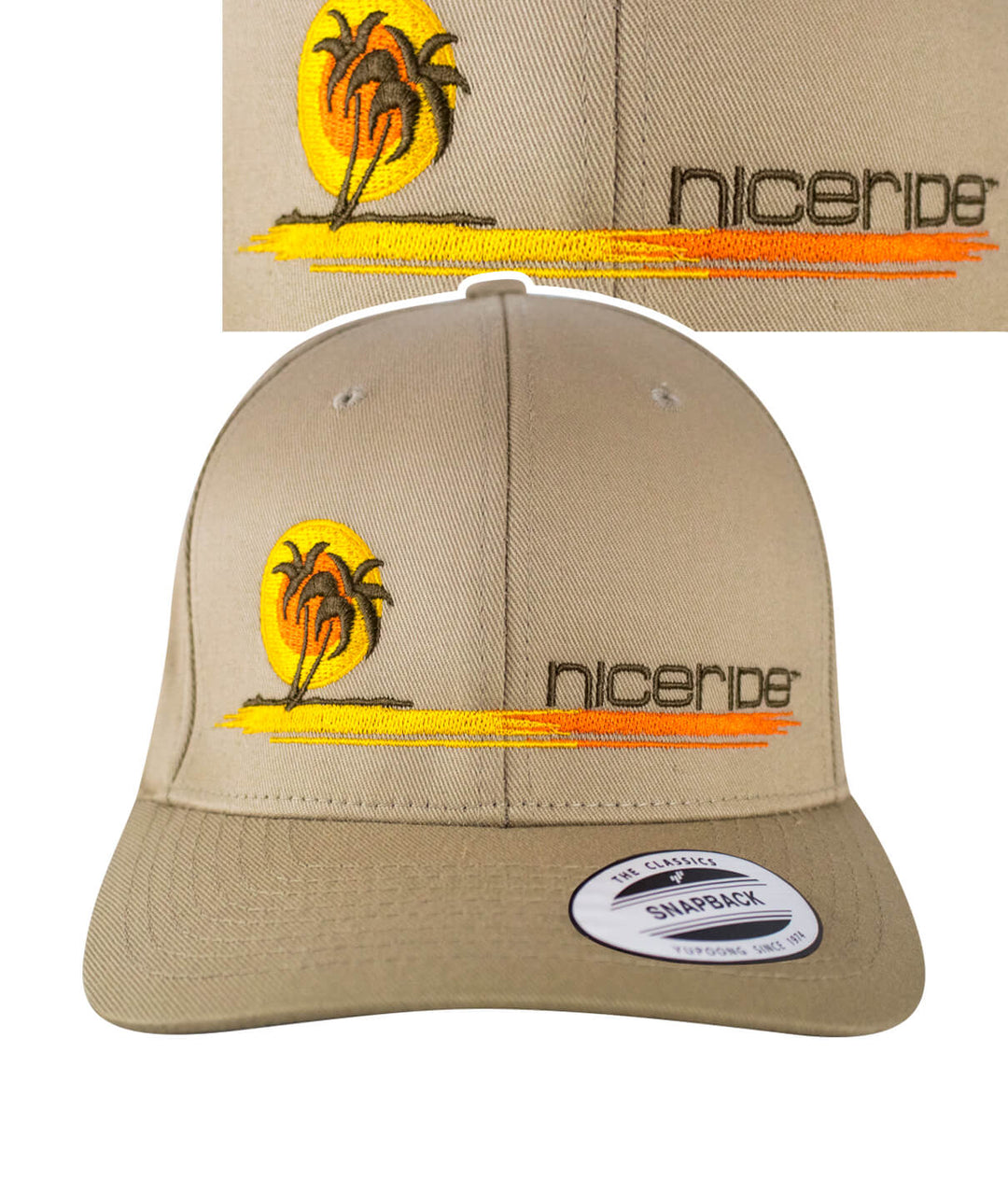 Classic Flexfit hat with NICERIDE's 'Sunset' design featuring palm trees and vibrant colors.