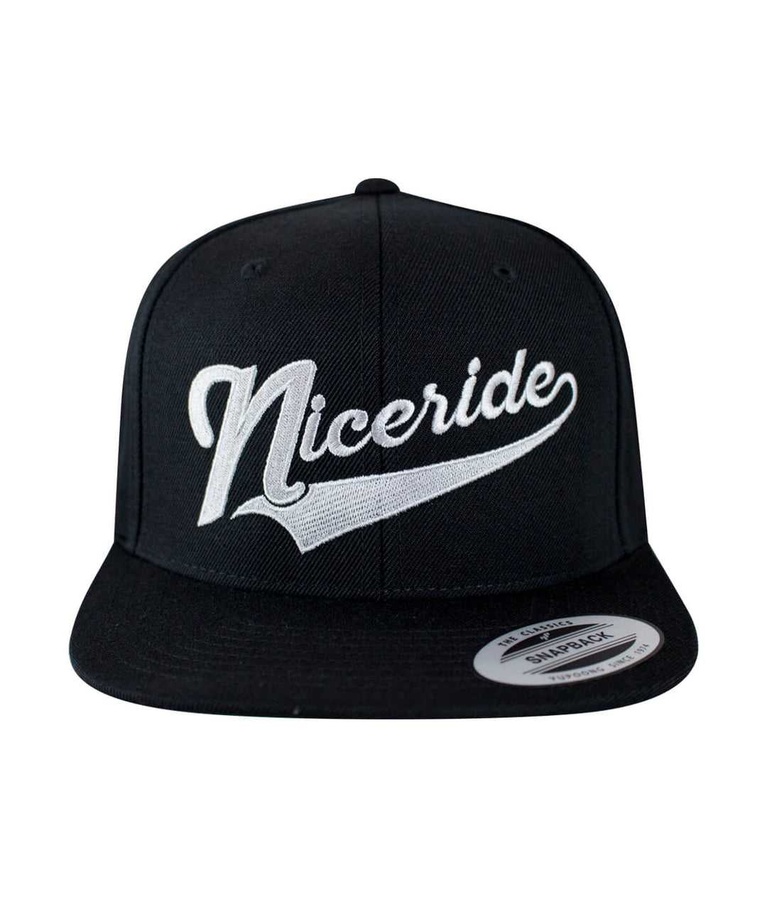 Play Ball Snapback Hat with NICERIDE design in black and white, classic baseball cap for stylish outdoor wear.