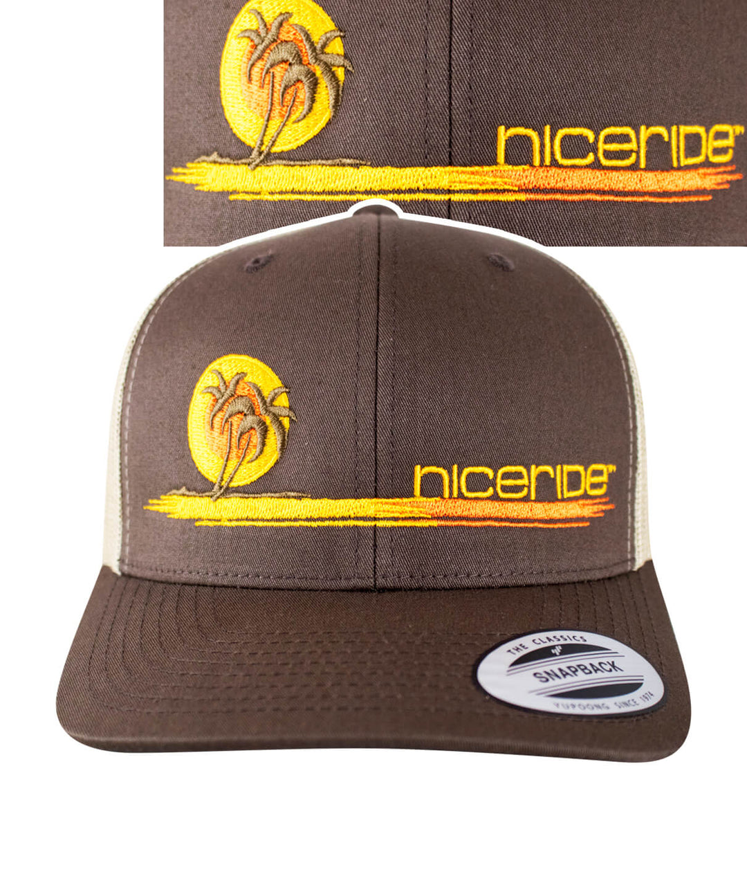 Sunset Retro Trucker Hat featuring NICERIDE logo and vibrant sunset design, perfect for outdoor adventures. hat