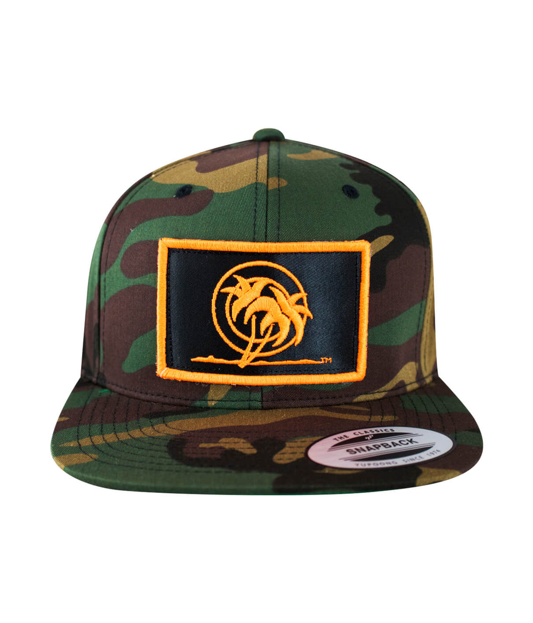 Jungle Fever snapback hat with stenciled palm patch, camouflage design, classic hat style.