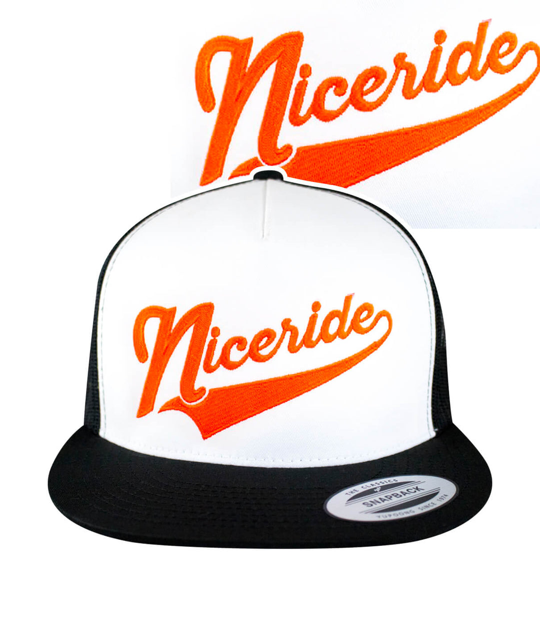 Play Ball Trucker Baseball Cap featuring NICERIDE design, a stylish hat with embroidered logo on a classic snapback.