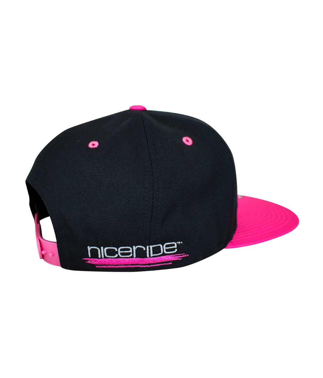 Back view of Urban Fever Snapback Hat featuring NICERIDE logo embroidered in pink on black fabric.