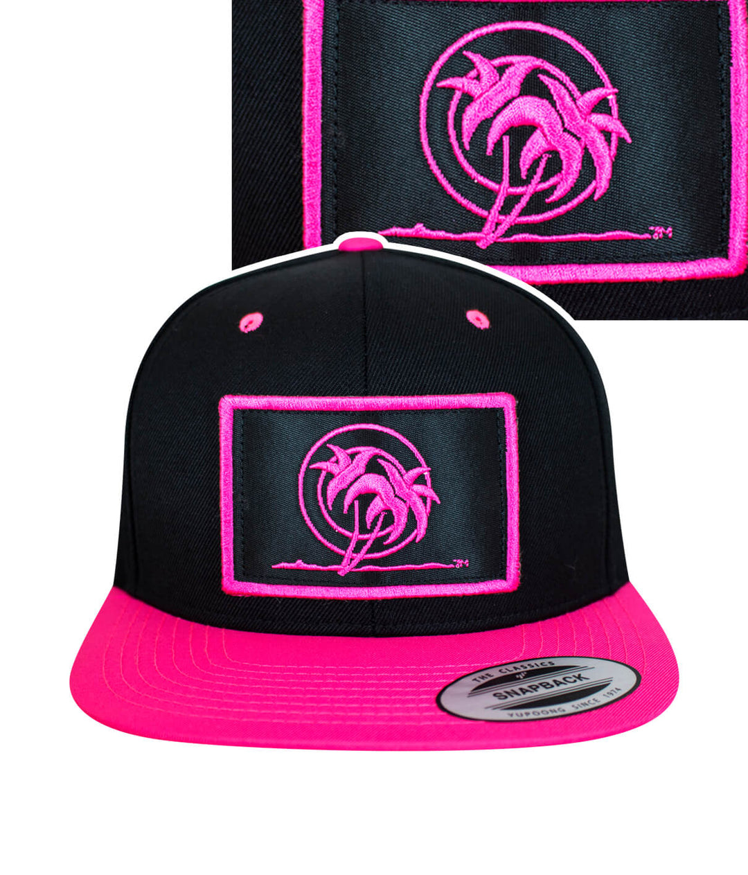 Urban Fever Snapback Hat featuring a black front with pink palm patch embroidery.