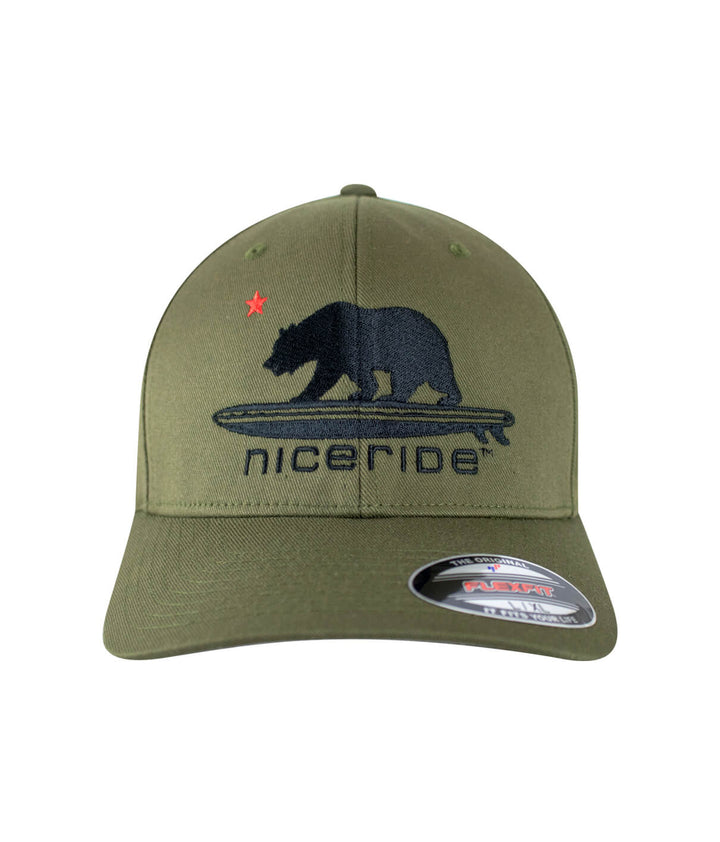 Hang 20 Classic Flexfit Hat in olive green with NICERIDE logo, embroidered bear design, perfect hat for stylish wear.