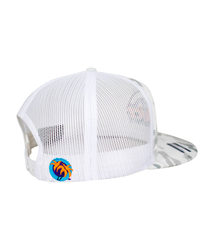 Choo Choo Trucker Hat showing the back view with mesh design and palm logo, a stylish hat for casual wear.