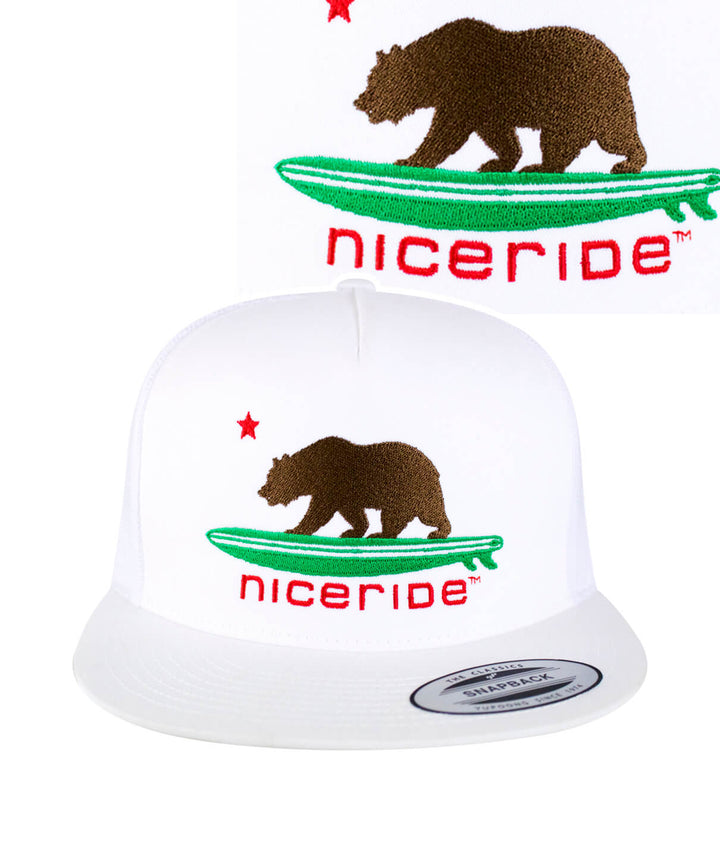Hang 20 trucker hat featuring NICERIDE design with bear and surfboard embroidery.